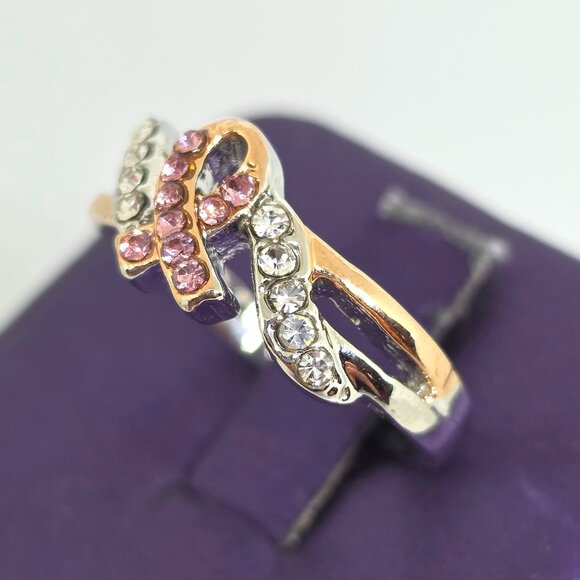 Pink Breast Cancer Awareness Ribbon Rose Gold Silver Rhodium Plated Ring SZ 7 - Picture 3 of 17